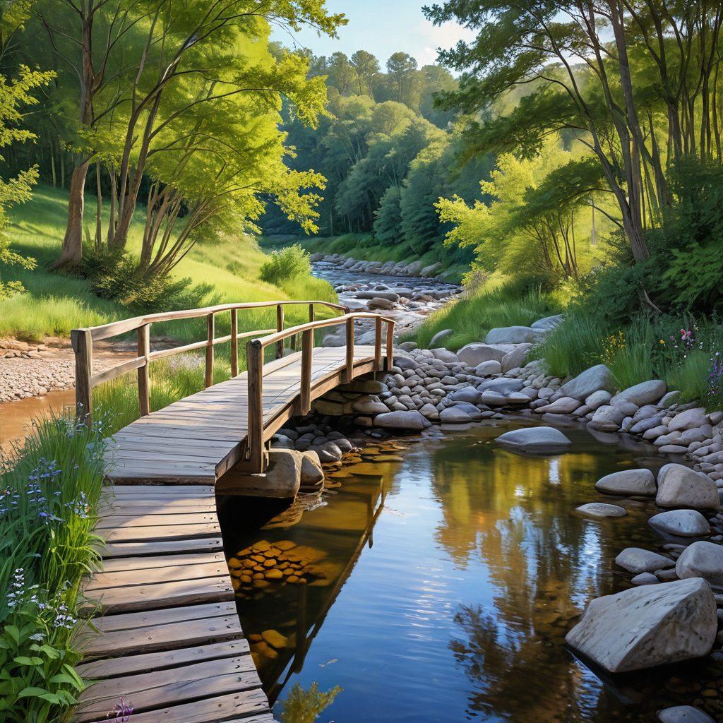 A serene landscape featuring a beautiful wooden bridge connecting two vibrant hills, symbolizing connection and support. On one side, a group of diverse people engage in a supportive discussion, while on the other, individuals reflect peacefully by a calming stream. Soft pastel colors create a warm and inviting atmosphere, representing hope and healing. super-realistic. vibrant colors. peaceful background.