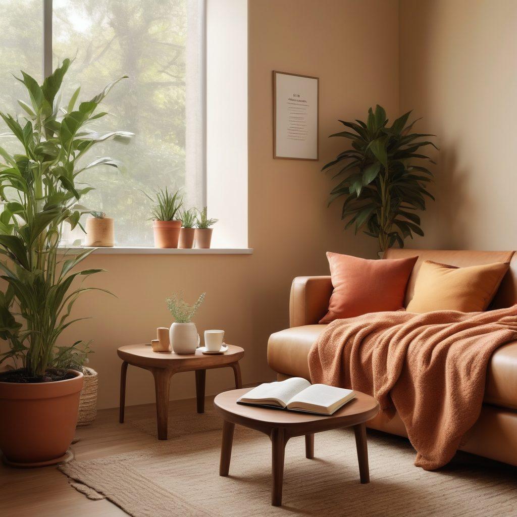 An inviting room with soft, warm lighting, featuring comfortable seating and a cozy throw blanket. A steaming cup of herbal tea sits on a side table, surrounded by potted plants and calming artwork, symbolizing a safe space. Add a notebook and pen to represent confidential conversations about mental wellness. The scene conveys tranquility and privacy. super-realistic. warm colors. minimalistic design.