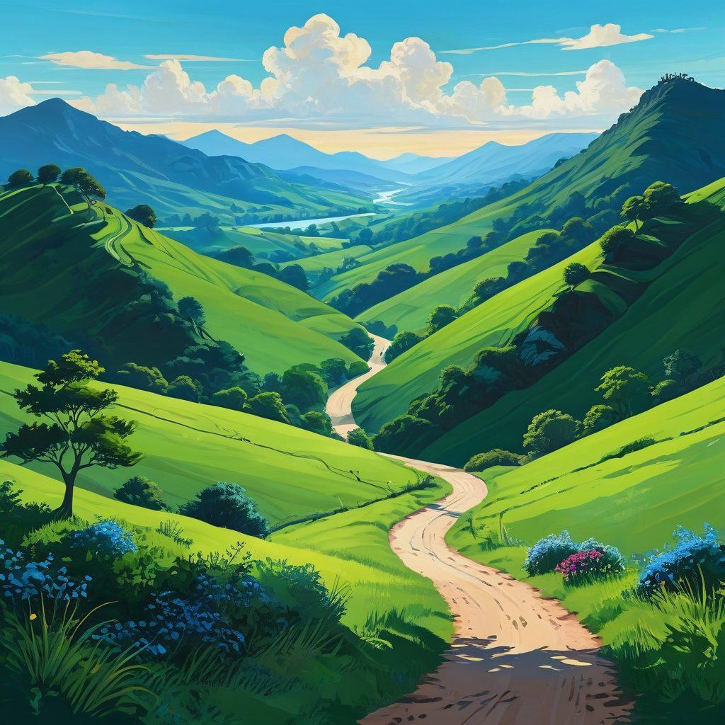 A serene and abstract representation of emotional landscapes, featuring intertwining paths symbolizing secure communication, lush green hills representing support, and a clear blue sky conveying openness. Include vibrant colors to evoke feelings of safety and trust, with gentle silhouettes of people connecting along the paths. surrealism. vibrant colors. digital painting.